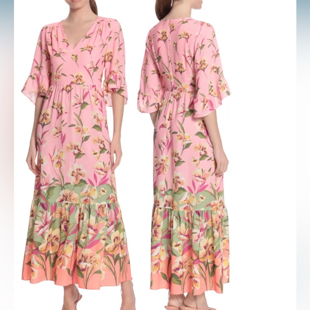 London Times Blooming V neck High Low Flounce Sleeve Dress